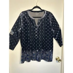 Croft & Barrow Women's Velvet Henley Top Blue Paisley Pattern Size L 3/4 Sleeve